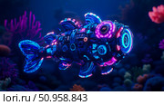 Luminous mechanical fish explores a vibrant deep-sea environment, showcasing futuristic aquatic life and bioluminescent coral. Стоковое AI-изображение, AI-художник Данила Большаков / Фотобанк Лори