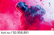 An intensely vibrant digital creation portraying a futuristic combatant in tactical gear amidst swirling magenta smoke and shards, capturing a powerful action moment for entertainment media. Стоковое AI-изображение, AI-художник Данила Большаков / Фотобанк Лори