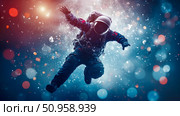 Astronaut suspended in a vibrant cosmic expanse, surrounded by shimmering stardust and nebulous light, a concept for space exploration digital art. Стоковое AI-изображение, AI-художник Данила Большаков / Фотобанк Лори