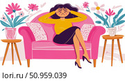 Woman experiencing headache or deep stress, seated on a vibrant pink sofa amidst soothing floral elements, illustrating mental strain and emotional discomfort for wellness content. Стоковое AI-изображение, AI-художник Данила Большаков / Фотобанк Лори