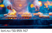 Vibrant Outdoor Grilling of Sizzling Meat Patty with Blazing Flames and Warm Bokeh Light, Capturing the Essence of a Festive Evening Barbecue for Food Promotions. Стоковое AI-изображение, AI-художник Данила Большаков / Фотобанк Лори