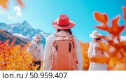 Adventurers exploring a vibrant autumn mountain landscape under a bright blue sky, perfect for outdoor travel publications. Стоковое AI-изображение, AI-художник Данила Большаков / Фотобанк Лори