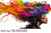 A profile portrait of a woman with an explosion of vibrant, flowing, multicolored hair and bold artistic makeup, embodying creative freedom and expressive beauty, ideal for expressive artistic conten. Стоковое AI-изображение, AI-художник Данила Большаков / Фотобанк Лори