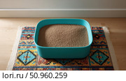 Cat litter box filled with white-gray litter with blue particles. Clumping cat in home background. Clean teal blue pet litter box placed on a rug carpet. Cleanliness concept. Cat toilet. Pets hygiene. Стоковое AI-изображение, AI-художник Марина Демидюк / Фотобанк Лори