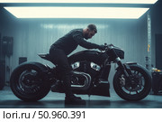 Stylized side view of a man leaning on a futuristic black motorcycle. Cold industrial light. Strong silhouette. Minimalist background. Modern strength. Concept of power, design and masculinity. Banner. Стоковое AI-изображение, AI-художник Евгений Демидюк / Фотобанк Лори