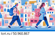 Summer Journey: Two wanderers with backpacks explore a colorful, geometric coastal village scene, ideal for a holiday card or travel print. Стоковое AI-изображение, AI-художник Данила Большаков / Фотобанк Лори