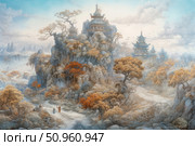 A fantastic landscape with oriental pagodas rising among rocky mountains and trees with golden-orange foliage. The atmosphere is reminiscent of mythical or fairy-tale lands filled with mists, ancient paths and secluded monasteries. Figures of travelers walk along the road below, emphasizing the scale and grandeur of the natural landscape. The illustration is made in a fine graphic style with watercolor iridescence, conveying a sense of peace, path and wisdom. Стоковое AI-изображение, AI-художник Анна Кривицкая / Фотобанк Лори