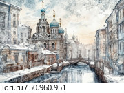 Watercolor cityscape with a view of a winter canal in the historical center. In the foreground is an Orthodox church with onion domes, a bridge and snow-covered streets. The architecture is made in a typical Russian style, with elements of Baroque and Neo-Russian architecture. A soft color palette with blue, gray and warm ocher tones conveys the atmosphere of old St. Petersburg. Suitable for themes of architecture, travel, art, Russian culture and winter aesthetics. Стоковое AI-изображение, AI-художник Анна Кривицкая / Фотобанк Лори