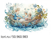 Watercolor fantasy illustration with three characters in an elegant boat surrounded by flowers, leaves and waves. The central figure plays the flute, creating an atmosphere of fairy tale and magic. The composition is rich in details - fantastic elements, sea creatures, decorative patterns and flowering plants. This artwork is perfect for book design, children's products, cards, calendars, textiles and decorative projects. Стоковое AI-изображение, AI-художник Анна Кривицкая / Фотобанк Лори