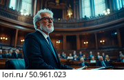 Formal Setting: Dignified senior man in a suit with audience inside a majestic hall, potentially a lecture, conference or court. Стоковое AI-изображение, AI-художник Данила Большаков / Фотобанк Лори