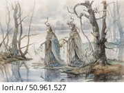 A watercolor fantasy illustration of two mysterious women in ornate dresses walking along the shore of a mysterious forest lake. Their outfits are combined with elements of nature - antlers, branches, masks and wreaths. The atmosphere of the scene is mystical and ancient, with muted colors, fog and reflections in the water. The illustration seems to immerse you in a world of myths, rituals and lost traditions, ideal for fantasy, mythology and magical rituals. Стоковое AI-изображение, AI-художник Анна Кривицкая / Фотобанк Лори