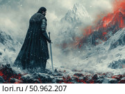 Fantasy scene with a lone warrior in armor against the backdrop of snow-capped mountains and flaming lava. A man with a sword stands on the border of the elements - between cold and fire, darkness and light. An atmosphere of tension and heroism. Perfect for book covers, game projects, posters, themes about confrontation, fortitude, epic battles and inner struggle. Стоковое AI-изображение, AI-художник Анна Кривицкая / Фотобанк Лори