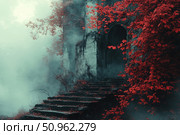 A mysterious scene with a gloomy abandoned building surrounded by bright red foliage against a background of thick fog. An ancient stone staircase leads to a dark entrance engulfed in mist. An atmosphere of mystery, mysticism and slight anxiety. Ideal for book covers, fantasy projects, horror design and movie posters. Стоковое AI-изображение, AI-художник Анна Кривицкая / Фотобанк Лори
