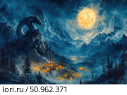 Atmospheric fantasy illustration depicting a huge dragon sitting on a cliff and watching the illuminated village below. Moonlight floods the majestic mountains covered in fog, creating a mystical and tense scene. The picture conveys a sense of ancient fairy tale, magic and impending threat. Suitable for book design, games, covers, tabletop role-playing systems and fantasy projects. Стоковое AI-изображение, AI-художник Анна Кривицкая / Фотобанк Лори