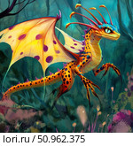 Bright fantasy illustration depicting an exotic dragon in a magical forest. The combination of rich shades of yellow, orange, purple and turquoise gives the image a fabulous expressiveness. The fantastic beast with expressive eyes, spotted wings and curved claws looks like a creature from a magical world or an adventure fairy tale. Стоковое AI-изображение, AI-художник Анна Кривицкая / Фотобанк Лори