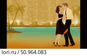 Couple dancing together in a romantic setting by the water, surrounded by palm trees and shimmering lights, creating a vibrant and enchanting atmosphere for a joyful evening. Стоковое AI-видео, аниматор Ирина Ручушкина / Фотобанк Лори