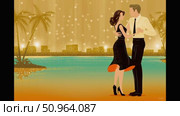Couple dancing together in a romantic setting by the water, surrounded by palm trees and shimmering lights, creating a vibrant and enchanting atmosphere for a joyful evening. Стоковое AI-видео, аниматор Ирина Ручушкина / Фотобанк Лори