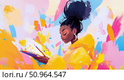 Concept: Artistic expression. A woman with a tablet and stylus immersed in creation with a brushstroke paint style. Стоковое AI-изображение, AI-художник Данила Большаков / Фотобанк Лори