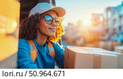 Delivery concept: A woman smiles contentedly on a delivery route with a box in hand at sunset. Стоковое AI-изображение, AI-художник Данила Большаков / Фотобанк Лори