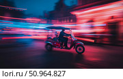 Motion blur artwork of a tuk-tuk speeding through city lights. Стоковое AI-изображение, AI-художник Данила Большаков / Фотобанк Лори