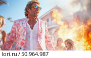 A confident man in a flamboyant floral jacket celebrating amidst a fiery eruption, embodying a dramatic party or triumph scene. Стоковое AI-изображение, AI-художник Данила Большаков / Фотобанк Лори