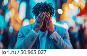 A distressed person with dreadlock hair covering face, overwhelmed by the vibrant, blurred city light, depicting urban stress and emotional struggle. Стоковое AI-изображение, AI-художник Данила Большаков / Фотобанк Лори