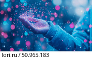 An outstretched hand cradling a magical burst of vibrant pink and blue glittering particles against a soft, glowing aurora, ideal for a greeting card. Стоковое AI-изображение, AI-художник Данила Большаков / Фотобанк Лори