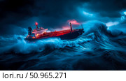 A dramatic scene of a large cargo vessel navigating colossal waves during a tempestuous ocean storm, illuminated by vivid red and blue light, for a thrilling maritime concept artwork. Стоковое AI-изображение, AI-художник Данила Большаков / Фотобанк Лори