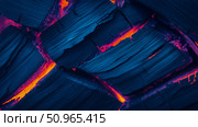 Vivid abstract representation of smoldering wood embers with fiery cracks in striking blue, orange, and magenta hues, a powerful digital art concept for print or screensaver. Стоковое AI-изображение, AI-художник Данила Большаков / Фотобанк Лори