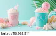 Pastel-themed Summer Refreshments with Meringue Sweets and Tropical Palm Element, Ideal for Seasonal Event Promotion, Card, Poster. Стоковое AI-изображение, AI-художник Данила Большаков / Фотобанк Лори