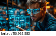 A futuristic man in AR glasses interacting with a glowing digital cube featuring a 'Buy Now' button, representing innovative e-commerce and virtual shopping experiences. Стоковое AI-изображение, AI-художник Данила Большаков / Фотобанк Лори
