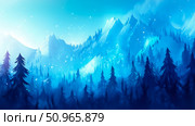 Enchanting Winter Mountain Snowscape with Evergreen Forest and Sparkling Light, a Majestic Cold Season Scene for Digital Media, Card, Poster, Banner. Стоковое AI-изображение, AI-художник Данила Большаков / Фотобанк Лори