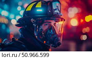 A cinematic portrait of a courageous emergency responder wearing a protective helmet and respirator mask, surrounded by glowing blue and red alarm lights. Concept: Service. Стоковое AI-изображение, AI-художник Данила Большаков / Фотобанк Лори