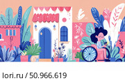 Heartwarming scene of a happy woman in a wheelchair, enjoying blooming plants outside charming houses, promoting inclusivity and accessible community life. Concept: daily joy. Purpose: social media, Стоковое AI-изображение, AI-художник Данила Большаков / Фотобанк Лори