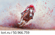 Energetic artistic portrayal of a powerful racehorse and determined jockey in full gallop, creating a dramatic burst of red and brown earth, suitable for inspiring sports enthusiasts. Стоковое AI-изображение, AI-художник Данила Большаков / Фотобанк Лори