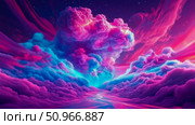 A breathtaking cosmic landscape with vibrant neon clouds and a luminous ethereal river under a starry sky, a dreamlike otherworldly concept for a digital art print or desktop wallpaper. Стоковое AI-изображение, AI-художник Данила Большаков / Фотобанк Лори