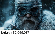 Close-up of a Bearded Warrior in Ancient Helmet and Goggles, Standing Steadfast in a Fierce Winter Blizzard, a Stoic Concept Art for Epic Print. Стоковое AI-изображение, AI-художник Данила Большаков / Фотобанк Лори