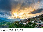 Picturesque sunset sky over the mountain village of Chokh. Caucasus. Стоковое фото, фотограф Константин Лабунский / Фотобанк Лори