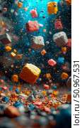 Dynamic scattering of vibrant colored cubes and various fragments amidst a glowing blue gradient, an abstract artwork for modern digital display. Стоковое AI-изображение, AI-художник Данила Большаков / Фотобанк Лори