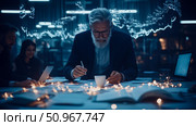 Senior businessman engaged in data analysis with futuristic projections, a concept for corporate strategy and innovation. Стоковое AI-изображение, AI-художник Данила Большаков / Фотобанк Лори