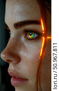 Close-up of a futuristic human face with glowing cybernetic enhancements and a vibrant multi-color eye, a concept of advanced technology merging with humanity, suitable for digital art, poster, print. Стоковое AI-изображение, AI-художник Данила Большаков / Фотобанк Лори
