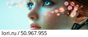 Close-up of a futuristic human face with glowing bioluminescent enhancements, symbolizing advanced biotechnology and the evolution of intelligence. Стоковое AI-изображение, AI-художник Данила Большаков / Фотобанк Лори