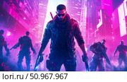 A formidable agent stands armed in a vibrant, neon-lit urban realm, flanked by tactical operatives in a futuristic street confrontation. Стоковое AI-изображение, AI-художник Данила Большаков / Фотобанк Лори