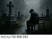 A grieving Caucasian man sits on a bench in a cemetery, wearing a hooded jacket. Rain falls heavily, creating a somber atmosphere around the gravestones. Стоковое AI-изображение, AI-художник Nart / Фотобанк Лори