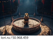Lion performing in a circus arena from a top view with dim lights and audience seats in the background. Стоковое AI-изображение, AI-художник Екатерина Красникова / Фотобанк Лори