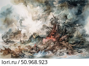 Watercolor fantasy in the spirit of the apocalypse. A gloomy landscape torn apart by a storm and fire: uprooted trees, clouds of smoke, a raging sea. In the center is a surviving piece of land with a fiery hearth and a lonely figure in a boat surrounded by chaos. On the horizon are the silhouettes of destroyed castles or cities. The composition combines drama, epicness and a fairy-tale atmosphere in the fantasy style. Стоковое AI-изображение, AI-художник Анна Кривицкая / Фотобанк Лори