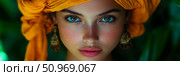 Exotic Beauty: Detailed Portrait of a Woman with Piercing Teal-Eyed Gaze, Freckled Skin, and an Ornate Orange Headwrap Framed by Verdant Foliage. Стоковое AI-изображение, AI-художник Данила Большаков / Фотобанк Лори