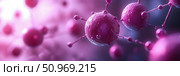Intricate 3D rendering of abstract biological or molecular structures, featuring interconnected spherical entities in vibrant purple and pink hues, symbolizing medical science and research advancements. Стоковое AI-изображение, AI-художник Данила Большаков / Фотобанк Лори