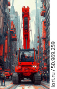 Colossal Red Crawler Crane Stands Tall Amidst a Dense, High-Rise Urban Cityscape Teeming with Industrial Construction Activity and Workers. Стоковое AI-изображение, AI-художник Данила Большаков / Фотобанк Лори