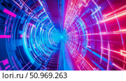 Dual-toned neon futuristic digital data tunnel with glowing cyber circuitry, symbolizing interconnectedness and infinite virtual pathways. Стоковое AI-изображение, AI-художник Данила Большаков / Фотобанк Лори